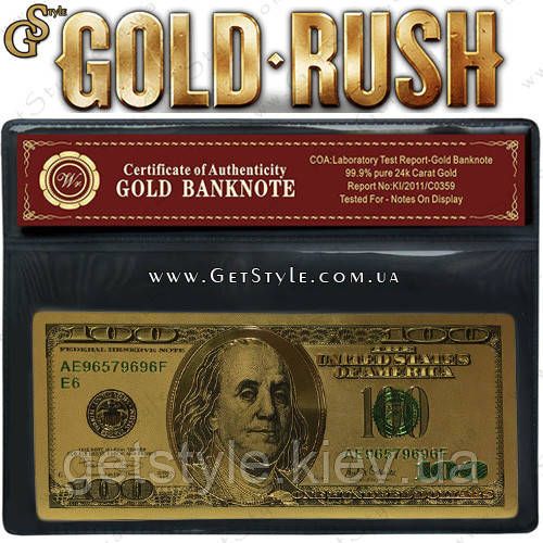 Позолоченная банкнота 100 USD Gold Rush сертификат 1729 фото